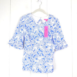 Lilly Pulitzer Top Women SZ 2 3/4 Bell Sleeve Fiesta Abstract Beachy Coastal NWT